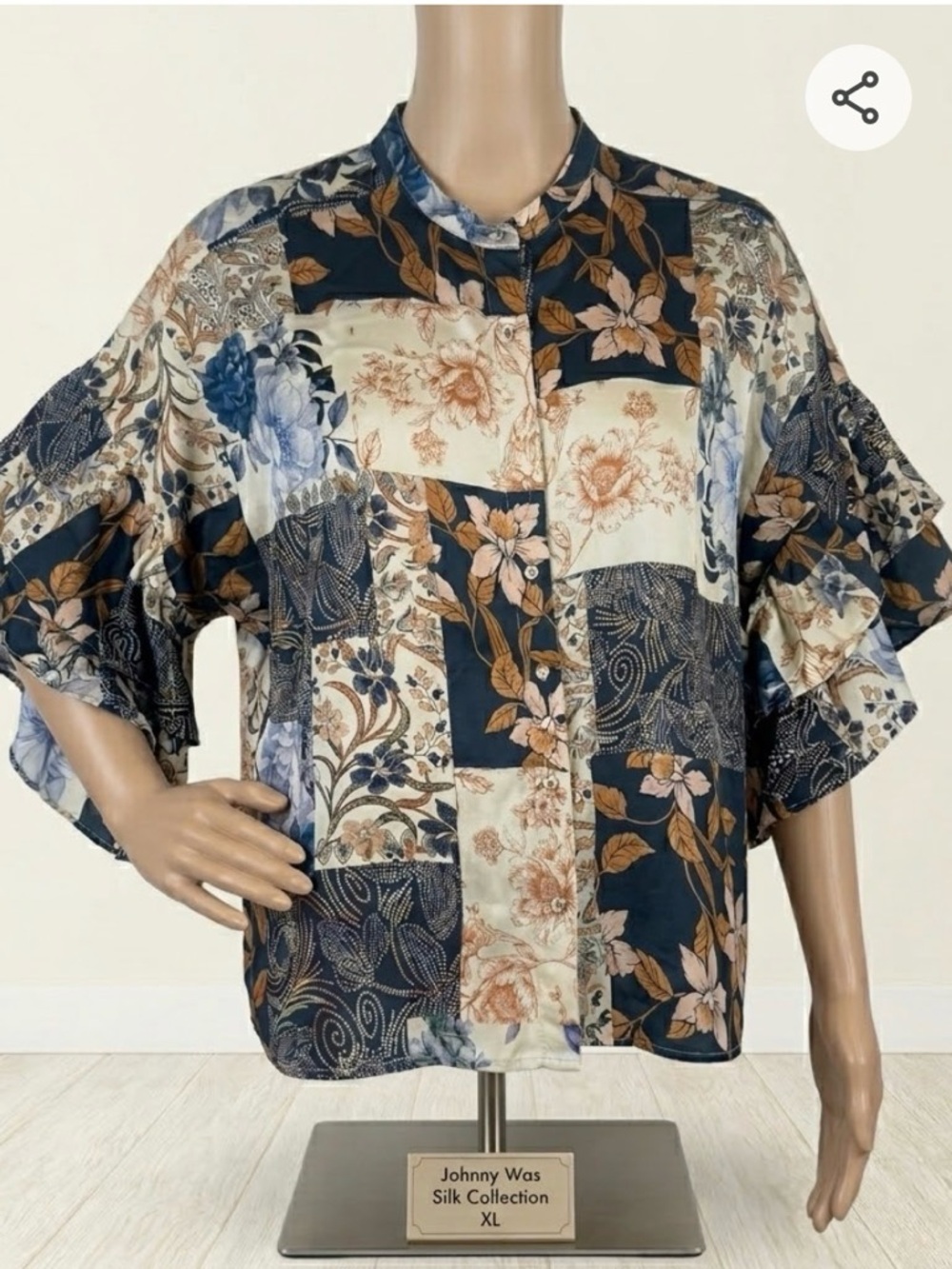 JOHNNY WAS 100% Silk Patchwork Floral Blouse XL Ruffle Boho